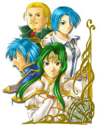 Rule 34 | 2boys, 2girls, armor, artist request, blonde hair, blue eyes, blue hair, brother and sister, brown eyes, character request, elincia ridell crimea, fire emblem, fire emblem: radiant dawn, geoffrey (fire emblem), gold trim, green eyes, green hair, lucia (fire emblem), multiple boys, multiple girls, nintendo, siblings, simple background, white background