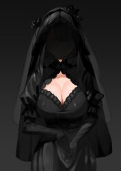 Rule 34 | 1girl, black dress, black gloves, breasts, cleavage, commentary request, dress, elbow gloves, faceless, faceless female, gloves, highres, large breasts, original, sawasawa (sawa2 m), solo, standing, veil