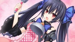 Rule 34 | 1girl, angry, apron, bare shoulders, black hair, blush, breasts, chou megami shinkou noire gekishin black heart, cleavage, cooking, game cg, hair ornament, highres, long hair, looking at viewer, medium breasts, neptune (series), noire (neptunia), official art, open mouth, red eyes, ribbon, solo, tsunako, twintails, upper body, very long hair