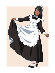 Rule 34 | 1girl, apron, black hair, commentary request, dark skin, dark-skinned female, dress, full body, lifting own clothes, long hair, long sleeves, looking away, maid, maid apron, maid headdress, original, pantyhose, simple background, skirt hold, smile, solo, standing, suzushiro (suzushiro333)