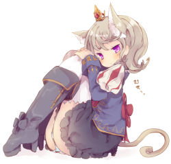 Rule 34 | 1girl, animal ears, bad id, bad pixiv id, boots, cat ears, cat tail, eirawen, full body, looking at viewer, mabinogi, masirosu, panties, purple eyes, silver hair, sitting, solo, striped clothes, striped panties, tail, underwear, white background