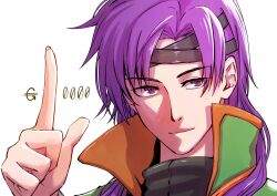 Rule 34 | 1boy, aduti momoyama, black headband, closed mouth, eyes visible through hair, fire emblem, fire emblem: the binding blade, hair intakes, hand up, headband, high collar, highres, hugh (fire emblem), index finger raised, long hair, male focus, nintendo, purple eyes, purple hair, simple background, smile, solo, solo focus, white background
