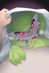 Rule 34 | 1boy, 1girl, absurdres, blurry, blush, bob cut, breath, bright pupils, colored skin, creatures (company), ddingyong, depth of field, flat chest, game freak, gardevoir, gen 3 pokemon, green hair, green skin, hair between eyes, happy, highres, lifting covers, looking at viewer, lying on person, multicolored skin, nintendo, nose blush, open mouth, pokemon, pokemon (creature), pov, red eyes, short hair, smile, solo focus, sweat, two-tone skin, under covers, white pupils, white skin