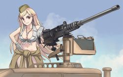 Rule 34 | .50 bmg, 1girl, ammunition, ammunition belt, ammunition box, anti-materiel cartridge, belt-fed, blonde hair, breasts, browning m2, bullet, cleavage, commentary, crew-served weapon, dog tags, full-power cartridge, girls&#039; frontline, gloves, gun, hat, heavy machine gun, hmg cartridge, jewelry, large breasts, long hair, m2hb (girls&#039; frontline), machine gun, magnum cartridge, match grade ammunition, military cartridge, necklace, red eyes, rifle cartridge, shirt, smile, solo, supersonic ammunition, tab (tabkun), tied shirt, weapon