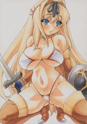 Rule 34 | 1girl, bikini, blonde hair, blue eyes, boots, breasts, cameltoe, cleavage, curvy, fingerless gloves, gloves, kneeling, kusugawa sasara, large breasts, long hair, navel, shield, simple background, skindentation, solo, swimsuit, sword, thighhighs, to heart (series), to heart 2, to heart 2 dungeon travelers, traditional media, very long hair, weapon, white background, white bikini, yutakasan-love