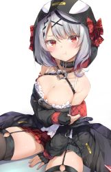 Rule 34 | 1girl, :t, bare shoulders, between legs, black collar, black gloves, black hair, black jacket, blush, bow, breasts, cleavage, closed mouth, collar, commentary request, fingerless gloves, garter straps, gloves, hair ornament, hand between legs, heart collar, highres, hinata yuu (atelierhinata), hololive, hood, hood up, jacket, large breasts, long sleeves, looking at viewer, medium hair, miniskirt, multicolored hair, nail polish, open clothes, open jacket, plaid, plaid bow, plaid skirt, pleated skirt, red bow, red eyes, red nails, red skirt, sakamata chloe, simple background, skirt, solo, streaked hair, thighhighs, virtual youtuber, white background, x hair ornament