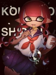 Rule 34 | 1girl, :p, blouse, blue sailor collar, blue skirt, blunt bangs, blurry, braid, bubble, candy, chain, cup, disposable cup, drinking straw, english text, food, green eyes, highres, holding, holding candy, holding chain, holding food, holding lollipop, inkling, inkling girl, inkling player character, licking, lollipop, long hair, looking at viewer, mask, miniskirt, neckerchief, nintendo, pleated skirt, pointy ears, rain mochimo, red neckerchief, sailor collar, school uniform, serafuku, shirt, short sleeves, skirt, solo, standing, tan, tentacle hair, text background, tongue, tongue out, twin braids, twintails, white shirt