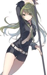 Rule 34 | 1girl, angry, bare legs, belt, collared shirt, green eyes, green hair, hijiri (resetter), long hair, matching hair/eyes, necktie, original, shirt, short shorts, shorts, simple background, sleeves rolled up, solo, staff, weapon, white background
