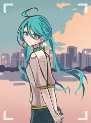 Rule 34 | 1girl, ahoge, aqua eyes, aqua hair, aqua nails, arms behind back, blue skirt, brown shirt, building, city, cityscape, clothing cutout, cloud, earrings, from behind, hatsune miku, heart a la mode (vocaloid), highres, jewelry, long hair, looking at viewer, looking back, low twintails, monitaros 393, nail polish, outdoors, own hands together, polka dot, polka dot background, scrunchie, shirt, shoulder cutout, skirt, smile, solo, song name, twilight, twintails, viewfinder, vocaloid, wrist scrunchie