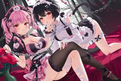 Rule 34 | 2girls, :p, animal ears, black hair, breasts, cat ears, cat girl, cat tail, chain, chain leash, character request, choker, cleavage, collar, copyright request, crying, crying with eyes open, detached sleeves, devil heavens, drill hair, flower, hand on another&#039;s chin, hand on another&#039;s thigh, highres, holding, holding leash, large breasts, leash, legwear garter, medium breasts, multiple girls, pink hair, red eyes, rose, single thighhigh, tail, tears, thighhighs, tongue, tongue out, twin drills, vase, virtual youtuber