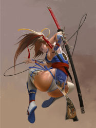 Rule 34 | 1girl, absurdres, animal print, arm guards, ass, bangku an, bare shoulders, bird print, breasts, brown background, brown hair, dead or alive, from behind, full body, highres, holding, holding sword, holding weapon, jumping, kasumi (doa), katana, kunai, long hair, looking back, midair, panties, pelvic curtain, ponytail, profile, sash, shin guards, shoe soles, short sword, side-tie panties, sideboob, solo, sword, tecmo, thigh strap, thighhighs, underwear, weapon, white panties, white thighhighs