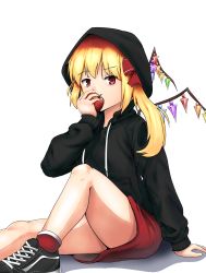 Rule 34 | 1girl, absurdres, alternate costume, apple, arm at side, arm up, ately, black footwear, black hoodie, blonde hair, bobby socks, bow, eating, flandre scarlet, food, foot out of frame, fruit, hair bow, highres, holding, holding food, holding fruit, hood, hoodie, knee up, long sleeves, outstretched leg, red eyes, red skirt, shadow, shoes, short hair, side ponytail, simple background, sitting, skirt, sneakers, socks, solo, thick eyebrows, touhou, white background, wings