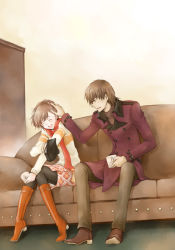 Rule 34 | 1boy, 1girl, aragaki shinjirou, atlus, beanie, brown eyes, brown hair, buttons, closed eyes, coat, couch, couple, double-breasted, hat, unworn hat, headpat, unworn headwear, hetero, holding, holding clothes, holding hat, pantyhose, pat, persona, persona 3, persona 3 portable, sananan, scarf, shiomi kotone, skirt, smile, trench coat