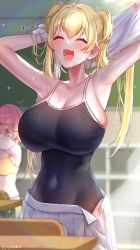 Rule 34 | 2girls, :d, ^ ^, absurdres, armpits, arms up, blonde hair, blush, breasts, classroom, closed eyes, covered navel, cowboy shot, desk, fang, highres, huge breasts, impossible clothes, impossible swimsuit, indoors, ive (yayoi maka), long hair, multiple girls, one-piece swimsuit, open mouth, original, pleated skirt, school desk, skirt, smile, solo focus, sunlight, sweat, swimsuit, twintails, undressing, yayoi maka