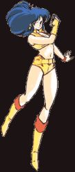 Rule 34 | 1980s (style), 1girl, belt, blue hair, boots, breasts, cleavage, dirty pair, gloves, gun, lowres, navel, retro artstyle, retro artstyle, shorts, weapon, yuri (dirty pair)