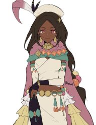 1girl artist_name breasts bright_pupils brown_eyes brown_hair closed_mouth cosplay dark-skinned_female dark_skin eyelashes fire_emblem fire_emblem_engage hat hat_feather long_hair looking_at_viewer medium_breasts navel nintendo oda32t seforia_(fire_emblem) seforia_(fire_emblem)_(cosplay) simple_background smile solo standing star-shaped_pupils star_(symbol) symbol-shaped_pupils tassel timerra_(fire_emblem) twitter_username white_background white_hat white_pupils