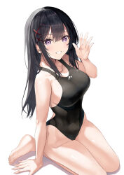 Rule 34 | 1girl, black hair, black one-piece swimsuit, breasts, competition swimsuit, covered navel, grin, groin, hair ribbon, highres, inuzumi masaki, large breasts, long hair, looking at viewer, one-piece swimsuit, original, purple eyes, ribbon, simple background, sitting, smile, solo, swimsuit, wariza, waving, white background