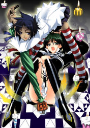 Rule 34 | 00s, 2girls, :o, androgynous, bent over, between breasts, black hair, black legwear, breasts, checkered floor, convenient censoring, d.gray-man, dark-skinned female, dark skin, full body, fur trim, green hair, knees up, lenalee lee, long sleeves, looking at viewer, multiple girls, open mouth, pleated skirt, road kamelot, short hair, skirt, standing, thighhighs, umbrella, white skirt