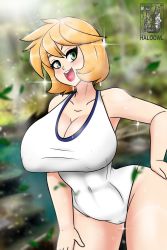 Rule 34 | 1girl, abs, armpits, breasts, cameltoe, cleavage, competition swimsuit, cowboy shot, creatures (company), curvy, game freak, green eyes, haloowl, highres, large breasts, legs, misty (pokemon), muscular, navel, nintendo, one-piece swimsuit, orange hair, pokemon, pokemon hgss, puffy areolae, short hair, smile, solo, standing, swimsuit, thick thighs, thighs, white one-piece swimsuit, wide hips