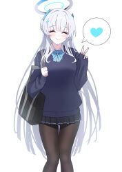 Rule 34 | 1girl, absurdres, bag, black pantyhose, black shirt, black skirt, blue archive, blush, closed eyes, closed mouth, collared shirt, facing viewer, feet out of frame, grey hair, halo, heart, highres, long hair, mechanical halo, nano (blueoekaki), noa (blue archive), pantyhose, pleated skirt, school bag, shirt, simple background, skirt, sleeves past wrists, smile, solo, spoken heart, v, white background, white shirt