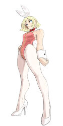 Rule 34 | 1girl, animal ears, breasts, closed mouth, detached collar, fake animal ears, full body, gundam, high heels, highres, leotard, looking at viewer, medium breasts, mobile suit gundam, pantyhose, playboy bunny, rabbit ears, rabbit tail, sayla mass, short hair, simple background, solo, strapless, strapless leotard, tail, toshinoshin, white background