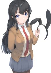 Rule 34 | 1girl, absurdres, animal ears, arm behind back, black hair, black hairband, blue eyes, brown jacket, brown pantyhose, closed mouth, collared shirt, fake animal ears, grey skirt, hairband, highres, holding, holding hairband, jacket, long hair, long sleeves, miniskirt, necktie, open clothes, open jacket, pantyhose, pleated skirt, rabbit ears, red necktie, sakurajima mai, school uniform, seishun buta yarou, shirt, simple background, skirt, smile, solo, standing, straight hair, usagiplanet7, very long hair, white background, white shirt, wing collar