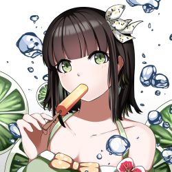 Rule 34 | 1girl, black hair, bow, breasts, cleavage, daqiao, eating, food, green eyes, hair bow, highres, holding, holding food, legend of the three kingdoms, lime (fruit), lime slice, looking at viewer, medium hair, phyntaxias, popsicle, solo, upper body, water drop, white bow