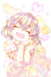 Rule 34 | 1girl, animal ears, closed eyes, colored pencil (medium), happy, heart, highres, inaba tewi, one-hour drawing challenge, open mouth, painting (medium), rabbit ears, shizdayo, short hair, solo, touhou, traditional media, watercolor (medium)