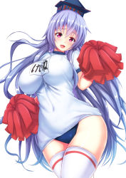 Rule 34 | 1girl, alternate costume, blush, breasts, buruma, cheerleader, covered erect nipples, ebi 193, female focus, gym uniform, hat, kamishirasawa keine, large breasts, long hair, looking at viewer, open mouth, pom pom (cheerleading), purple eyes, silver hair, simple background, smile, solo, thighhighs, touhou, white background