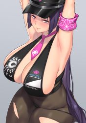 Rule 34 | 1girl, armband, armpits, arms up, aster crowley, black bodysuit, blush, bodysuit, breasts, cleavage, cosplay, curvy, fate/grand order, fate (series), grey background, hat, highres, huge breasts, long hair, minamoto no raikou (fate), peaked cap, pink neckwear, purple eyes, purple hair, sessyoin kiara, sessyoin kiara (swimsuit mooncancer), sesshouin kiara (swimsuit mooncancer) (cosplay), sessyoin kiara (swimsuit mooncancer) (second ascension), smile, thick thighs, thighs, torn bodysuit, torn clothes, very long hair