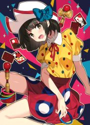 Rule 34 | 1girl, :d, bad id, bad pixiv id, bare legs, black hair, blue bow, blush, bow, brown eyes, card, collared shirt, comeo (komeo15), hanafuda, hat, head tilt, high-waist skirt, highres, kendama, looking at viewer, medium hair, neck ribbon, open mouth, original, patterned background, patterned clothing, pleated skirt, polka dot, puffy sleeves, red ribbon, red skirt, ribbon, shirt, shirt tucked in, short sleeves, sitting, skirt, smile, solo, toy, white hat, yellow shirt