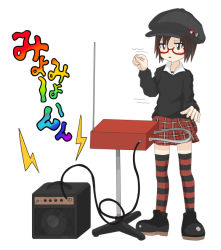 Rule 34 | 1girl, :&lt;, amplifier, blush, brown eyes, brown hair, buttons, cabbie hat, flat chest, glasses, hat, instrument, music, non-web source, plaid, plaid skirt, playing instrument, short hair, simple background, skirt, solo, striped clothes, striped thighhighs, theremin, thighhighs, triangle mouth, white background, zettai ryouiki