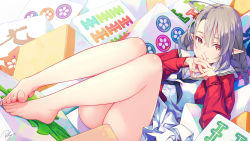 Rule 34 | 1girl, ass, barefoot, blush, braid, brown eyes, brown hair, commentary request, copyright request, female focus, hair between eyes, highres, indie virtual youtuber, jacket, kusunoki shio, legs together, long hair, long sleeves, looking at viewer, lying, on back, pointy ears, re lucy, red jacket, shirt, skirt, smile, solo, thighs, toes, virtual youtuber, white shirt, white skirt