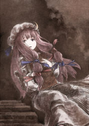 Rule 34 | 1girl, blue ribbon, book, bow, crescent, crescent hair ornament, dress, female focus, frills, hair ornament, hair ribbon, hat, holding, holding book, long hair, long sleeves, looking at viewer, maiku, makaroni taisa, mob cap, open mouth, patchouli knowledge, purple eyes, purple hair, red ribbon, ribbon, solo, touhou