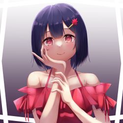 Rule 34 | 1girl, bare arms, bare shoulders, black hair, blush, bob cut, closed mouth, collarbone, dress, frilled dress, frills, hair ornament, hairclip, head rest, highres, lips, looking at viewer, miki miki, off-shoulder dress, off shoulder, original, portrait, red dress, red eyes, short hair, smile, solo, spaghetti strap, upper body