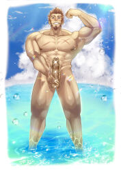 Rule 34 | 1boy, :d, abs, absurdres, alternate pectoral size, bara, beach, biceps, blue eyes, blush, brown hair, bulge, completely nude, cross scar, day, erection, facial hair, fate/grand order, fate (series), feet out of frame, flexing, foreskin, gatta (gatta reve cat), goatee, grin, highres, huge pectorals, large penis, long sideburns, looking at viewer, male focus, male masturbation, male swimwear, masturbation, mature male, muscular, muscular male, napoleon bonaparte (fate), nipples, nude, ocean, open mouth, outdoors, pectorals, penis, precum, scar, scar on chest, short hair, sideburns, smile, solo, sparkle censor, standing, stomach, summer, sunlight, thick thighs, thighs, veins, veiny penis, water