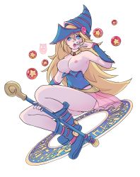 Rule 34 | absurdres, armpits, blonde hair, blue dress, blue eyes, boots, breasts, dark magician girl, dress, hat, highres, mr mlemkins, nude, open mouth, pussy, self-upload, solo, spell, thighs, tongue, tongue out, weapon, white background, witch, witch hat, yu-gi-oh!