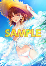 Rule 34 | 1girl, :d, alpha (yukai na nakamatachi), bikini, bikini under clothes, blue sky, blush, bow, bow bikini, breasts, brown eyes, brown hair, brown hat, character request, cloud, cloudy sky, copyright request, cowboy shot, day, dutch angle, earrings, gluteal fold, hat, hood, hood down, hooded jacket, jacket, jewelry, long hair, looking at viewer, lowleg, lowleg bikini, medium breasts, navel, open mouth, outdoors, partially unzipped, sample watermark, see-through, see-through jacket, side-tie bikini bottom, sky, smile, solo, standing, straw hat, sun hat, swimsuit, toranoana, wading, water, watermark, white bikini, white bow, zipper