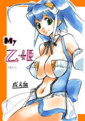Rule 34 | 1girl, ahoge, antenna hair, aoba anoa, blue hair, breasts, caw=zoo, center opening, cleavage, detached collar, detached sleeves, green eyes, large breasts, long hair, navel, necktie, otomedius, pelvic curtain, revealing clothes, see-through, see-through skirt, sideboob, skirt, solo, twintails