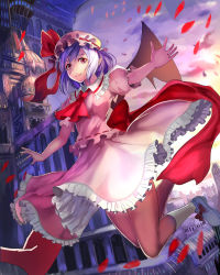 Rule 34 | 1girl, aa44, architecture, ascot, bat wings, building, cityscape, dress, floating, full body, gothic architecture, hair between eyes, hair ribbon, hat, light purple hair, looking at viewer, mob cap, pink dress, pointy ears, red eyes, remilia scarlet, ribbon, short hair, smile, solo, touhou, vampire, wings