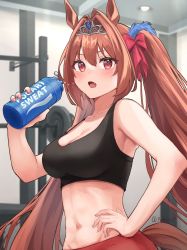 Rule 34 | 1girl, abs, animal ears, black tank top, bottle, bow, breasts, brown eyes, brown hair, cleavage, collarbone, commentary request, daiwa scarlet (umamusume), fang, fingernails, gym, hair bow, hair intakes, hand on own hip, highres, holding, holding bottle, horse ears, horse girl, horse tail, leggings, long hair, medium breasts, midriff, navel, open mouth, pants, red bow, red pants, skin fang, solo, sports bra, stomach, tail, tank top, tiara, twintails, umamusume, very long hair, water, water bottle, yamaro (yamaro0), yoga pants