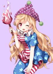 Rule 34 | 1girl, ;d, american flag dress, american flag legwear, blush, breasts, clownpiece, commentary request, dress, feet out of frame, hand up, hat, highres, holding, holding torch, leaning forward, long hair, neck ruff, one eye closed, open mouth, pantyhose, polka dot, purple background, purple hat, ruu (tksymkw), short dress, short sleeves, simple background, small breasts, smile, solo, star (symbol), star print, striped clothes, striped pantyhose, torch, touhou, very long hair, wavy hair