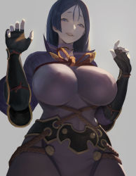 Rule 34 | 1girl, absurdres, arkimedes, armor, black gloves, blue eyes, blue hair, breasts, covered erect nipples, covered navel, fate/grand order, fate (series), fingerless gloves, gloves, gradient background, highres, long hair, minamoto no raikou (fate), parted lips, red lips, short eyebrows, smile, solo, turtleneck, vambraces, wide hips