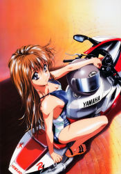 Rule 34 | 1990s (style), 1girl, absurdres, blue eyes, breasts, brown hair, cleavage, copyright request, feet, from above, highres, kawarajima kou, long hair, medium breasts, motor vehicle, motorcycle, nail polish, one-piece swimsuit, pink nails, retro artstyle, sandals, smile, solo, swimsuit, toenail polish, toenails