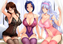 Rule 34 | 3girls, absurdres, akizuki ritsuko, alternate costume, antenna hair, arm at side, arm up, armpits, arms at sides, babydoll, black-framed eyewear, black dress, black legwear, black panties, blue hair, blunt bangs, blush, breasts, brown eyes, brown hair, cleavage, closed mouth, collarbone, covered erect nipples, cross-laced clothes, curtains, dragon@harry, dress, eyebrows, floral print, hair down, hair intakes, hairband, halterneck, head tilt, highres, huge breasts, idolmaster, idolmaster (classic), indoors, lace, large breasts, leotard, lingerie, long hair, looking at viewer, miura azusa, multiple girls, navel, nipples, on bed, panties, parted bangs, pillow, pink hairband, pink legwear, pink panties, purple legwear, red eyes, ribbon, see-through, shadow, shijou takane, side-tie leotard, silver hair, sitting, sleeveless, smile, stomach, string panties, teddy (lingerie), thighhighs, underwear