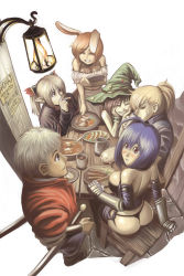 Rule 34 | 2boys, 4girls, ahoge, animal ears, ass, bar (place), blonde hair, blue hair, blush, breasts, brown hair, character request, cigarette, cleavage, drinking, food, grin, hat, head rest, highres, lantern, meat, multiple boys, multiple girls, okayado, panties, parted bangs, pin, pixiv fantasia, pixiv fantasia 2, plate, pointy ears, rabbit ears, red eyes, red hair, sausage, scabbard, sheath, sheathed, short hair, short ponytail, short twintails, silver hair, smile, smoking, soup, sweatdrop, sword, thong, twintails, underwear, waitress, weapon, witch hat, younistia