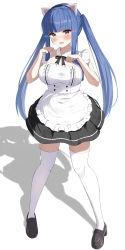 Rule 34 | 1girl, absurdres, alternate costume, alternate hairstyle, animal ears, apron, azur lane, black footwear, black skirt, blue eyes, blush, breasts, cat ears, fake animal ears, firin, frilled apron, frills, full body, heterochromia, highres, ibuki (azur lane), large breasts, long hair, miniskirt, paw pose, red eyes, shadow, shoes, simple background, skirt, solo, standing, thighhighs, twintails, very long hair, white apron, white background, white thighhighs, zettai ryouiki