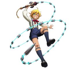 Rule 34 | 1girl, aura bella fiora, blonde hair, dark elf, elf, green eyes, official art, one eye closed, overlord (maruyama), pointy ears, reverse trap, shorts, solo, suspenders, tagme, transparent background, weapon, whip sword