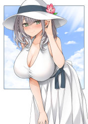 Rule 34 | 1girl, absurdres, bare shoulders, blush, breasts, cleavage, collarbone, dress, green eyes, hat, highres, hololive, huge breasts, reichidad, shirogane noel, short hair, silver hair, sky, sleeveless, smile, solo, sun hat, sundress, virtual youtuber, white dress