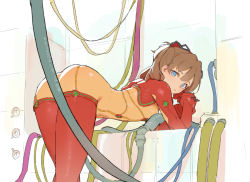 Rule 34 | 1girl, ass, blue eyes, bodysuit, brown hair, butt crack, cable, commentary, cowboy shot, from behind, from side, hair between eyes, hair ornament, interface headset, long hair, looking at viewer, multicolored clothes, neon genesis evangelion, parted bangs, plugsuit, red bodysuit, see-through, see-through bodysuit, shiny clothes, short hair, sketch, skin tight, solo, souryuu asuka langley, test plugsuit, thighs, timbougami, very long hair, wide hips